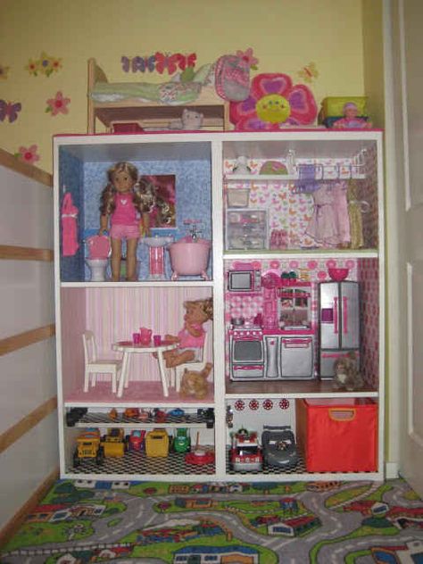 into an American Girl doll-sized playhouse. | 15 Ikea Hacks For Your Child's Dream Bedroom American Girl Storage, Ag Doll House, American Girl House, Toy Car Garage, American Girl Dollhouse, American Girl Furniture, Girls Furniture, Doll Storage, American Girl Doll House