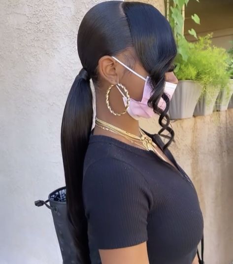 Slick Back Ponytail Weave With Bangs, Side Bangs Hairstyles Black Women, Low Ponytail With Bangs, Ponytail Black Women, Black Bridesmaids Hairstyles, Low Ponytail Hairstyles, Slick Ponytail, Black Ponytail, Curled Ponytail