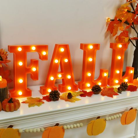 PRICES MAY VARY. Large FALL Letter Signs: 4 LED light up letters: F-A-L-L Letter light "F" measures 8.5*6.3*1.5 in; Letter light "A" measures 8.5*6.9*1.45 in, and Letter light "L" measures 8.5*5.8*1.5 in; The large size of marquee light up letters can meet your multiple needs for Fall-themed decorations Eye-Catching Fall Decorations: Our Fall LED letter lights are great for home, room, bedroom, living room, dining room, kitchen, patio, farmhouse, Fall festivals, Harvest, Autumn, Halloween, Thank Autumn Led Lights Color, Fall Letters, Fall Table Decorations, Light Up Marquee Letters, Patio Farmhouse, Fall Decorations For Home, Fall Harvest Party, Letter Lights, Fall Party Themes