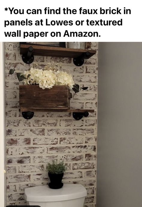 Brick Tile Wall Bathroom, Brick Wall Bathroom Small Spaces, Toliet Room Accent Wall, Brick Paneling In Bathroom, Half Bathroom Makeover Farmhouse, Brick Half Bath, Accent Wall For Half Bath, Brick Vanity Wall, Faux Brick In Bathroom