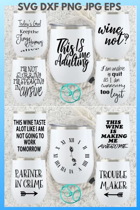 Wine Glass Design Ideas, Wine Glass Cricut Vinyl Decals, Cup Decal Ideas, Wine Cups Vinyl Ideas, Cricut Glass Projects, Decal Ideas For Cups, Glass Vinyl Ideas, Cricut Wine Glass Ideas, Customized Wine Glasses