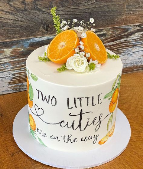 Soul Cakes by Tanya on Instagram: “Twins! Love this hand painted Little Cuties themed baby shower cake! 🍊🍊” Two Cuties Baby Shower Ideas Twins, Twin Girl Shower Ideas, Twin Gender Reveal Themes, Twin Gender Reveal Cake, Baby Shower Themes Twins, Two Little Cuties Baby Shower Theme, Baby Shower Ideas Twins, Twin Baby Shower Ideas Theme, Twins Baby Shower Theme