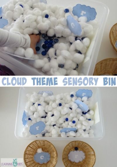 Cloud theme sensory bin- cotton wool clouds and blue gems for rain by learning 4 kids   The aim of the sensory tub is to search and find the printable cloud letters and sort them into groups “C is for Cloud” and “R is for Rain”.  Free printable clouds!!!! C Is For Cloud, R Is For Rain, Cotton Wool Clouds, Cloud Letters, Weather Activities Preschool, Cloud Activities, Weather Lessons, Preschool Weather, Sensory Tubs