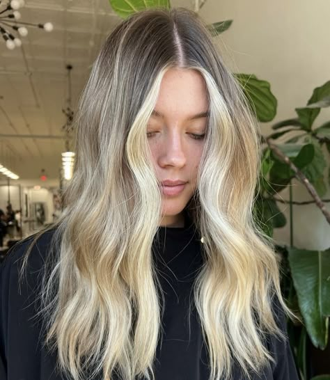 Blonde Hair Brown Roots Money Piece, Blonde Balayage Money Piece Straight, Lived In Blonde Face Frame, Blond Balayage With Money Piece, High And Low Lights Hair Blonde Face Framing, Partial Highlight With Root Smudge, Bronde Balayage Mid Length Hair, Blonde Balayage Half Head, Mid Blonde Balayage