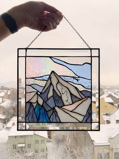 Mountain Glass Art, Mountain Stained Glass Patterns, Stained Glass Mountain Scene, Stained Glass Mountains, Window Wall Hanging, Portrait Light, Stained Glass Wall Art, Stained Glass Mirror, Window Stained