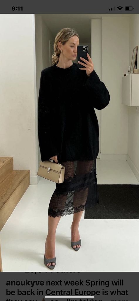 Lace Slip Skirt Outfit, Skirt Evening Outfit, Slip Skirt Outfit, Black Lace Skirt, Evening Outfit, Evening Outfits, Slip Skirt, Lace Slip, Skirt Outfits