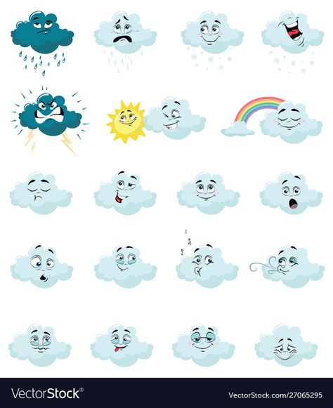 Cloud Cartoon Cute, Clouds With Faces, Cute Cloud Illustration, Seasons Clipart, Feelings Faces, Cute Clouds, Cartoon Sea Animals, Weather Crafts, Kids Feelings