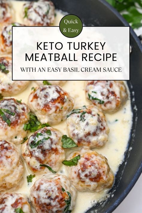 Tender, juicy, and savory in taste but simple to whip up. This Keto Turkey Meatball Recipe With An Easy Low Carb Sauce is cooked with a basil cream sauce that results in pure comfort food with only 4 grams of net carbs. Use them as a family dinner or a potluck appetizer, these gluten free turkey meatballs will be gobbled up in no time. Turkey Meatballs With Cream Sauce, Turkey Meatballs White Sauce, Turkey Recipes Low Carb, Keto Meatball Sauce, Sauce For Turkey Meatballs, Turkey Keto Recipes, Keto Turkey Meatballs, Turkey Meatball Recipes, Turkey Meatball Sauce