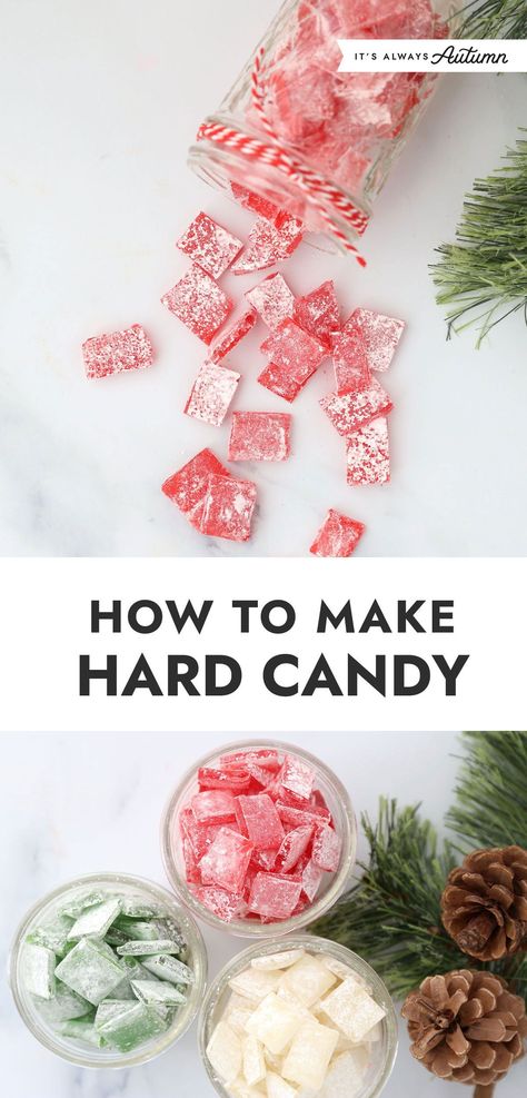 Learn how to make hard candy in your favorite flavors with this easy to follow recipe. You don’t even need a candy thermometer! It’s simple enough that your kids can help make it, and the finished candy makes a great gift. Peppermint Hard Candy Recipe, Hard Christmas Candy, Homemade Hard Candy, Hard Candy Recipe, Hard Tack Candy, Cinnamon Hard Candy, Sugar Free Hard Candy, Home Made Candy, Hard Candy Recipes