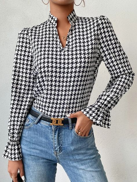 Houndstooth Notched Neck Flounce Sleeve Blouse | SHEIN USA Houndstooth Top Outfit, Fall Blouses For Women, Fall Blouses, Top Outfit, White Houndstooth, Flounce Sleeve, Black Women Fashion, V Neck Blouse, Outfit Casual