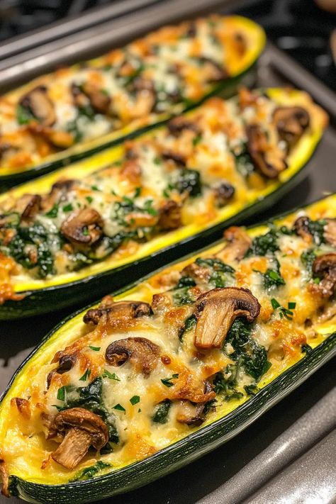 Spinach, Mushroom, and Ricotta Stuffed Zucchini Boats Recipe Spinach Mushroom And Ricotta Stuffed Zucchini Boats, Spinach Mushroom Ricotta Stuffed Zucchini Boats, Whole 30 Zucchini Boats, Healthy Italian Vegetarian Recipes, Healthy Vegetarian Meals For One, Healthy Recipes Vegetables, Ricotta Stuffed Zucchini Boats, Keto Dinner Recipes Vegetarian, Healthy Side Recipes For Dinner