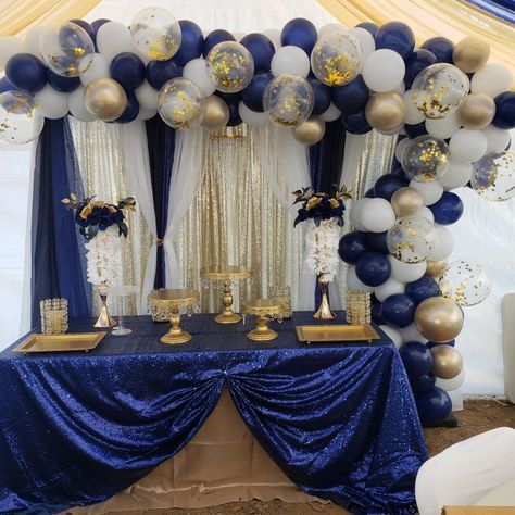 Graduation Decorations Blue And White, Blue And Gold Masquerade Party Decorations, Royal Blue Gold Table Setting, Royal Blue Bday Theme, Royal Prom Decorations, Blue And Gold Backdrop Party Ideas, Navy Blue And Gold Table Decorations, Dessert Table Ideas Blue And Gold, Royal Blue 60th Birthday Party