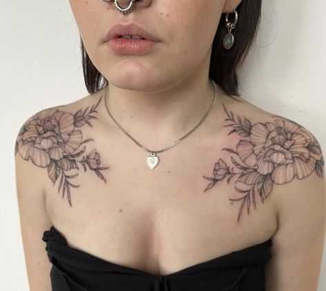 Floral Shoulder Chest Tattoo, Elegant Chest Tattoos For Women, Shoulder Tattoo Peony, Collar Bone Chest Tattoo, Celestial Chest Tattoo, Front Chest Tattoo Female, Shoulder Collarbone Tattoo, Peony Chest Tattoo, Flower Collarbone Tattoo