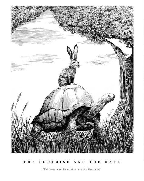 The tortoise and the hare. Funny Animal Drawings and More. Click the image, for more art from Karla Vázquez. Tortoise And The Hare Illustration, Turtle And Hare Tattoo, Turtle And Rabbit Tattoo, The Tortoise And The Hare Illustration, Tortoise And The Hare Tattoo, Tortoise And Hare Tattoo, Funny Animal Drawings, Hare And Tortoise, Link Drawing