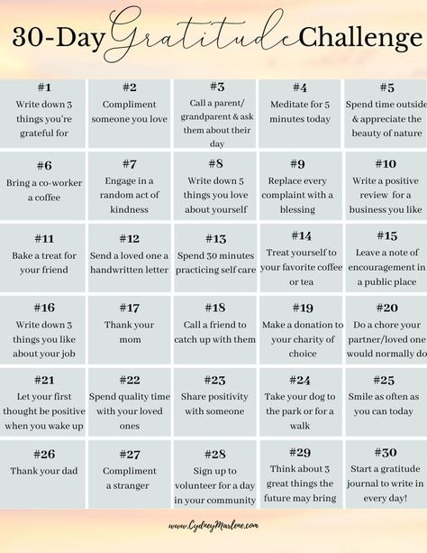 Cydney Marlene's 30-Day Gratitude Challenge! Start your November off to a grateful and thankful start! #gratitude #November Gratitude Challenge Ideas, Daily Thankful Challenge, Thankful Challenge 30 Day, Monthly Challenges Ideas, Grateful Challenge 30 Day, November Wellness Challenge, 30 Days Of Gratitude November, November Daily Challenge, November Grateful Challenge