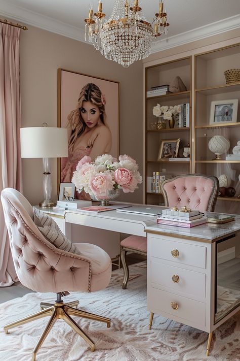 Pink Home Office Aesthetic, Women’s Office At Home, Girly Office Space, Feminine Home Office Classy, Feminine Office Space, Home Office Style, Glam Office Decor, Feminine Home Office, Feminine Home Office Ideas