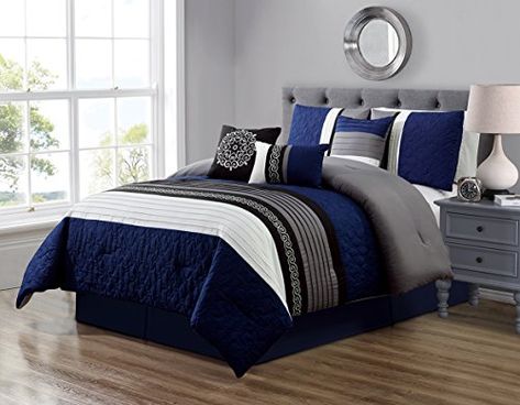 White Gray Bedroom, Navy Bedrooms, Navy Blue Bedrooms, Blue Bedroom Design, Quilted Comforter, Blue Comforter Sets, Blue Bedding Sets, Cool Comforters, Cal King Bedding