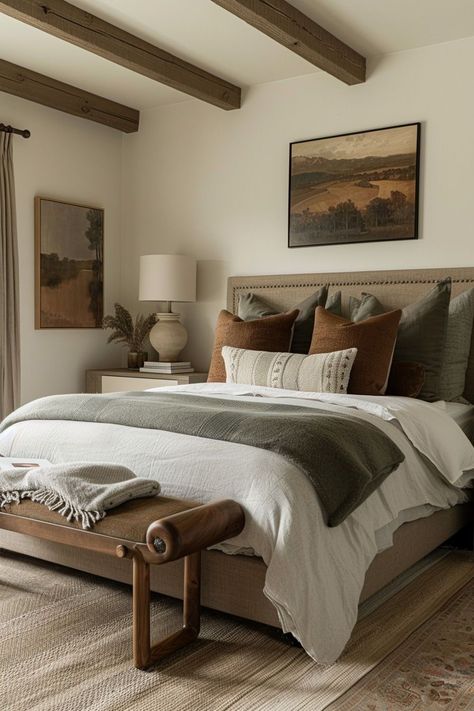 Earthy Small Apartment, Small Bedroom Natural Decor, Earth Modern Bedroom, Neutral And Olive Green Bedroom, White Bedding With Brown Accents, Warm Toned House Decor, Bedroom Decor Olive Green, Natural Colored Bedroom, Europe Aesthetic Interior Design