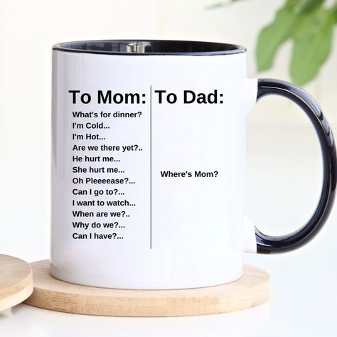 *MOM DAD PARENTING* ❤️A UNIQUE FUNNY COFFEE OR TEACUP MUG For someone special to keep forever, cherish, hold memories and use and enjoy for years to come  Quotes and sayings for guys, girls, in-laws, grandfathers, grandmothers, aunts, relatives, male and female colleagues or coworkers, bosses, men, women, gardeners Mom, and Dads to make them laugh and smile  ☕MATERIAL - Mugs have been crafted from the highest-grade ceramic using professional sublimation printers and inks. Decorated with full wrap dye sublimation ☕PRINTED IMAGE - Scratch-resistant image appears on both sides, left-handed or right-handed! The print will never fade, no matter how often it is washed. White Gloss  ☕DURABILITY - Your mug is microwave and dishwasher-safe. 🌎LOCATION - designs are printed and sublimated in the USA Funny Mom Sayings For Cups, Funny Dad Mugs, Christmas Gifts For Mom And Dad, Mugs For Mom, Mom Mugs, Funny Parenting, Mom And Dad Quotes, Gifts For Parents, Mug For Mom