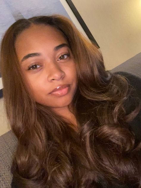 Amber Brown Hair Color Black Women, Black Hair Faded Into Brown, Chocolate Brown Silk Press, Caramel Highlights Black Women, Number 4 Hair Color, Brown Hair Silk Press, Brown Hair On Light Skin, Brown Hair On Black Girls, Brown Dyed Hair Black Women