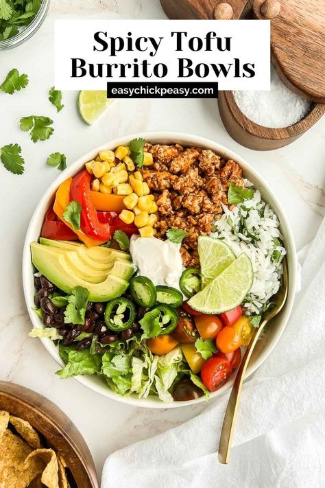 Spicy Baked Tofu Burrito Bowls Fall Lunch Ideas, Tofu Burrito, Vegan Basics, Crispy Baked Tofu, Fall Lunch, Chipotle Burrito Bowl, Tofu Wraps, Chipotle Burrito, Vegan Summer Recipes