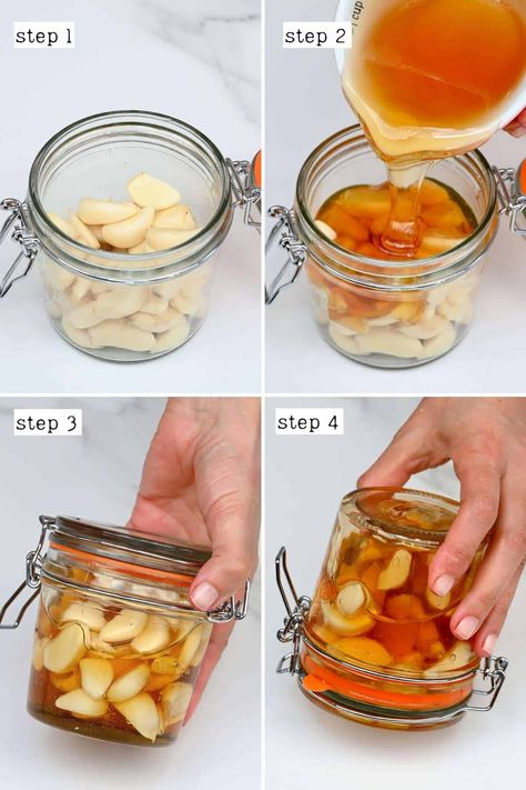 Steps for making fermented honey garlic Garlic And Honey Benefits, Fermented Garlic Honey, Garlic Remedies, Honey Remedies, Fermented Garlic, Fermented Honey, Garlic Honey, Herbal Remedies Recipes, Garlic Benefits