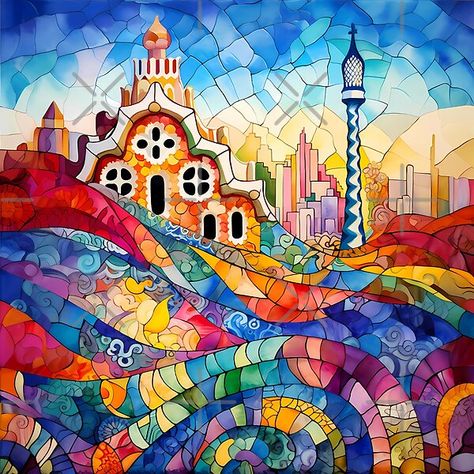 Park Guell Barcelona Gaudi Mosaic, Antoni Gaudi Mosaic, Gaudy Architecture, Antoni Gaudi Art, Barcelona Moodboard, Barcelona Artwork, Gaudi Park Guell, Antoni Gaudi Architecture, Gaudi Park