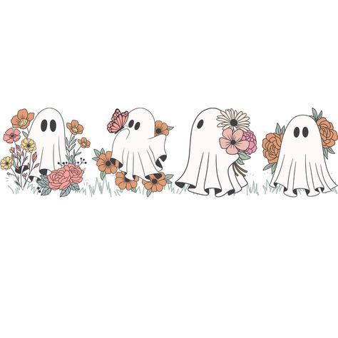 Cute Ghosts Wallpaper, Ghost Cute Art, Fall Ghost, Floral Halloween, Floral Ghost, Vintage Ghost, Halloween Wallpaper Cute, Halloween Floral, Ghost Png