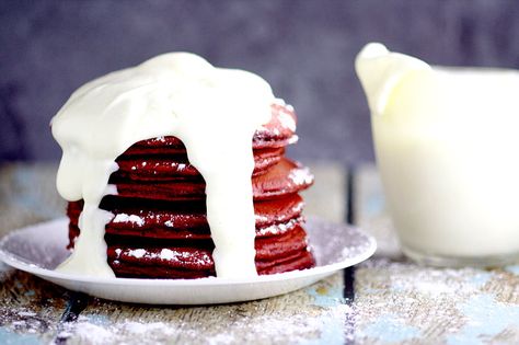 Red Velvet Pancakes with Cream Cheese Glaze make a delicious and decadent Valentine's Day breakfast recipe.  Red Velvet Pancakes made from a box cake mix topped with a creamy, simple cream cheese glaze. Couldn't be a more delicious way to start the day! Cake Batter Pancakes, Pancakes With Cream Cheese, Pancakes With Cream, Red Velvet Desserts, Red Velvet Pancakes, Red Velvet Recipes, Cream Cheese Glaze, Cheesy Recipes, How To Make Breakfast