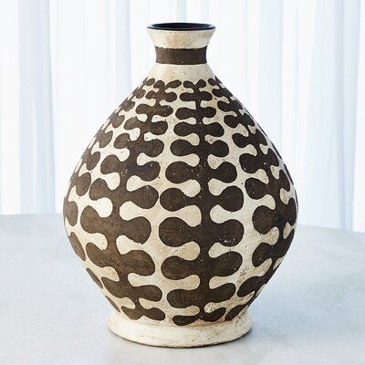 the Interlock Vase is slip-cast Italian ceramic with hand-applied decoration. | Global Views Interlock Round Cream/15" Indoor Earthenware Table Vase Earthenware in Brown, Size 15.0 H x 11.0 W x 11.0 D in | Wayfair African Pottery, Coil Pots, Contemporary Pottery, Vase Ceramic, Round Vase, Modern Pottery, Global Views, Table Vase, Italian Ceramics