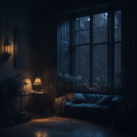 Quiet night...from cozy apartment Dark Romantic Bedroom, Dark Bedroom Aesthetic, Dark Blue Rooms, Dark Cozy Bedroom, Moody Living Room, Bedroom Ideas Romantic, Cozy Living Room Design, Girly Apartments, Girly Apartment Decor