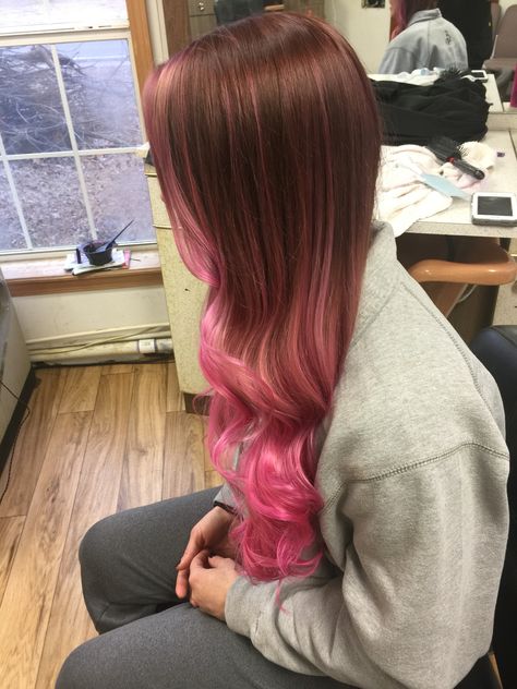 Rose Brown and pink balyage ombre Pink And Brown Balayage, Brown And Pink Hair Ombre, Brown Hair Pink Ends, Brown Pink Ombre Hair, Brown Hair With Pink Tips, Brown Hair With Pink Ends, Brown To Pink Ombre Hair, Pink Hair Ends, Pink Lowlights In Brown Hair