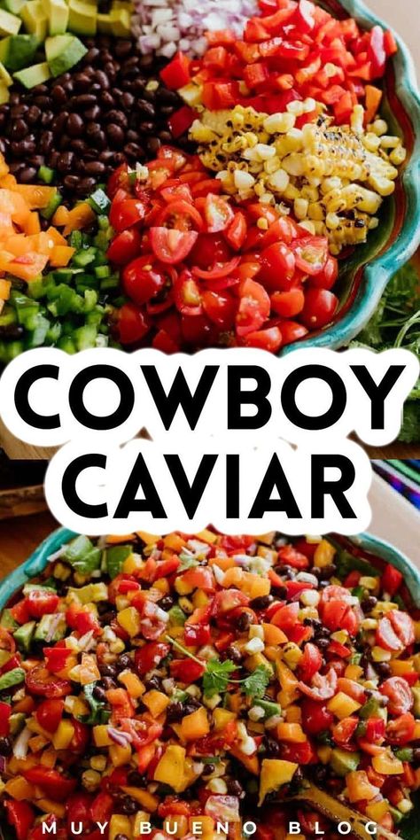 Cowboy Caviar is a perfect appetizer recipe for your next party. This hearty cowboy caviar is full of colorful veggies and black beans in a tangy and spicy dressing that really hits the spot. Serve with tortilla chips for an awesome dip that is sure to be a crowd-pleaser. Try this budget-friendly cowboy caviar for dinner this week or as an appetizer at your next party. Texas Caviar Recipe, Spicy Dressing, Texas Caviar, Beans Vegetable, Canning Sweet Corn, Caviar Recipes, Cowboy Caviar, Roasted Corn, Fresh Corn