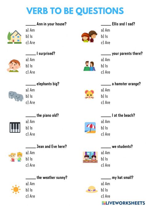 Verb to be - questions interactive exercise for School. You can do the exercises online or download the worksheet as pdf. To Be Exercises English, Verb To Be Questions Worksheet, To Be Verbs Worksheet, Verb To Be Worksheets For Kids, To Be Worksheet For Kids, Be Verbs Worksheet, Verb To Be Worksheets, To Be Worksheet, Activity For School