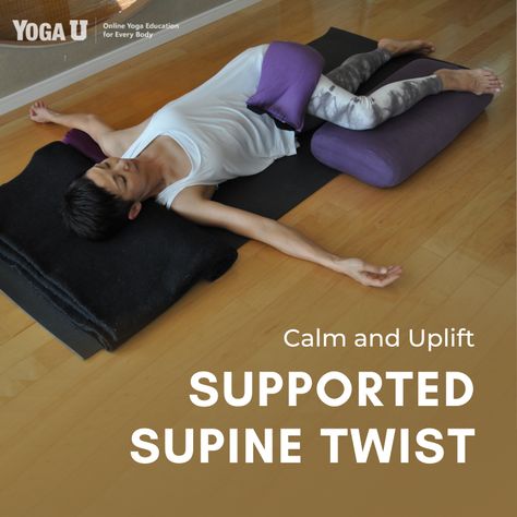 Supported Supine Twist is a calming and uplifting release for the entire spine. Yoga teacher Leza Lowitz shares how to practice this restorative pose and a cozy variation here. https://www.yogauonline.com/yoga-for-stress-relief/calm-and-uplift-supported-supine-twist #yogavariation #yogapose #yogaposevariation #supinetwist #yogi #yogagirl #yogajourney #meditation #yogalove #asana #namaste #yogaclass #yogaddict #yogaday #onlineyoga Supine Twist Yoga, Supine Twist, Spine Yoga, Restorative Yin Yoga, Twist Yoga, Yoga Education, Shoulder Tension, Yoga Day, Restorative Yoga