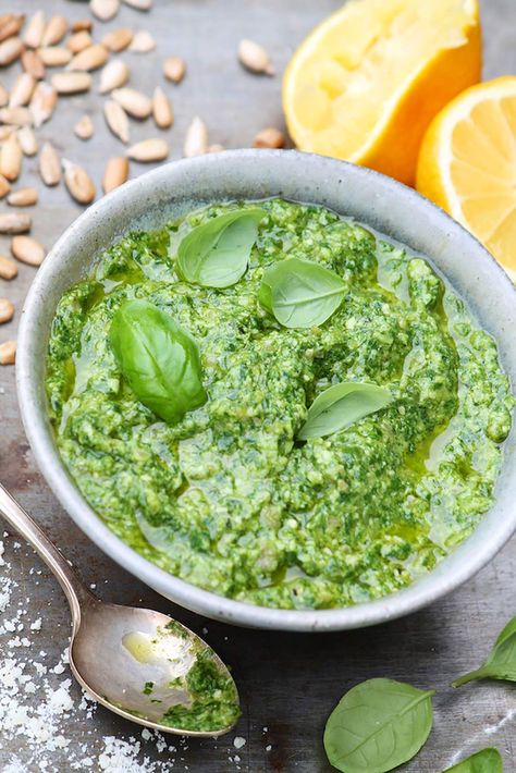 Sunflower Basil Pesto – The Fountain Avenue Kitchen Food Habits, Colorful Vegetables, Basil Pesto, Pesto Chicken, Diet Food List, Super Healthy Recipes, Sunflower Seed, The Fountain, Easy Healthy Breakfast