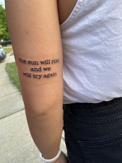 Quote on the back of the arm Writing On Back Of Arm Tattoo, Tricep Tattoos Women Quotes, Sleeve Quotes Tattoo, Back Of The Arm Tattoo For Women Quotes, Sentences Tattoo Ideas, Back Of Arm Writing Tattoo, Quote Wrapped Around Arm Tattoo, Big Quote Tattoos, Upper Arm Tattoos For Women Words