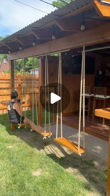 Outside Bar With Swings, Deck Down To Patio Ideas, Backyard Bar With Swings, Swings Under The Deck, Bar Swings Outdoor, Garden Swings Ideas, Adult Backyard Ideas, Swings Under Deck, Outdoor Bar With Swings