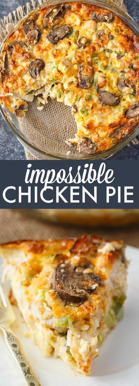 Impossible Chicken Pie - A delicious vintage meal for your family! This easy chicken pie bakes it own crust and is filled with tender chicken and veggies. Bisquick Chicken Recipes, Easy Chicken Pie, Bisquick Recipes Dinner, Bisquick Chicken, Pie Chicken, Chicken Pie Recipe, Christmas Brunch Recipes, Impossible Pie, Chicken And Veggies