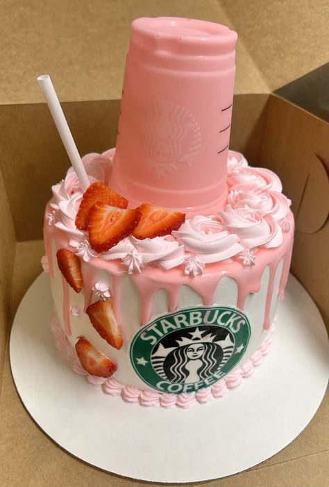 Starbucks Pink Drink Cake Ideas, Starbucks Pink Drink Birthday Cake, 11 Bday Cake, Starbucks Inspired Cake, Starbucks Pink Drink Birthday Party, Starbucks Theme Party Ideas, 12 Year Birthday Cake Ideas, Pink Starbucks Birthday Party, Pink Starbucks Birthday Party Ideas