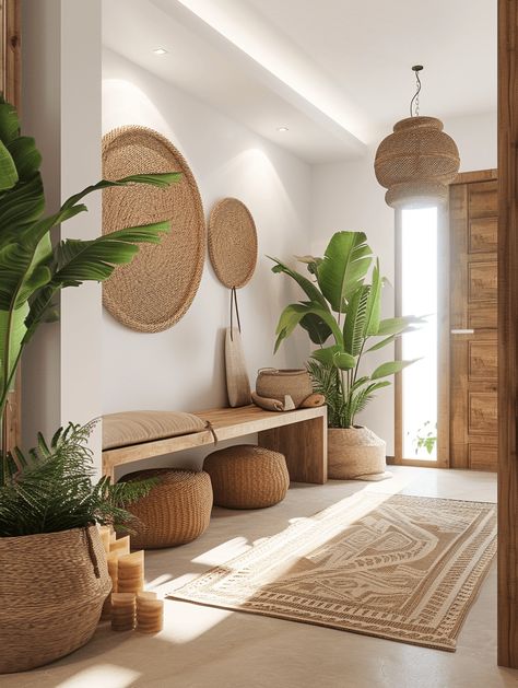 Sustainable Materials Interior, Bali Inspired Living Room, Leaving Room Design, Bohemian Decor Living Room, Affordable Living Room Decor, Bohemian Hallway, Sustainable Living Room, Boho Hallway, Bohemian Living Room Ideas