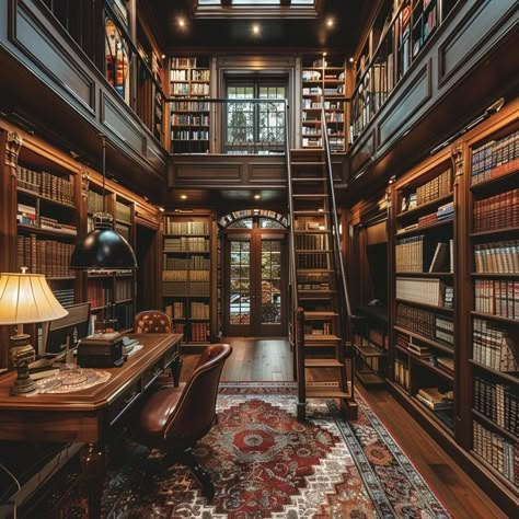 Cozy home library with rich wooden shelves, sturdy rolling ladder, classic furniture, and warm lighting. Ideal retreat for book enthusiasts. Library With Ladder, Colonial Library, Dark Academia Interior, Dream Home Library, Cozy Home Library, Indian Houses, Rolling Ladder, Home Library Rooms, Cozy Library