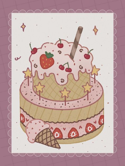 Cake Drawings Aesthetic, Baking Pose Reference Drawing, Kawaii Cake Drawings, Cake Drawing Reference, Bday Cake Drawing, Birthday Cake Drawing Aesthetic, Drawing Of Cake, Piece Of Cake Drawing, Cartoon Cake Drawing