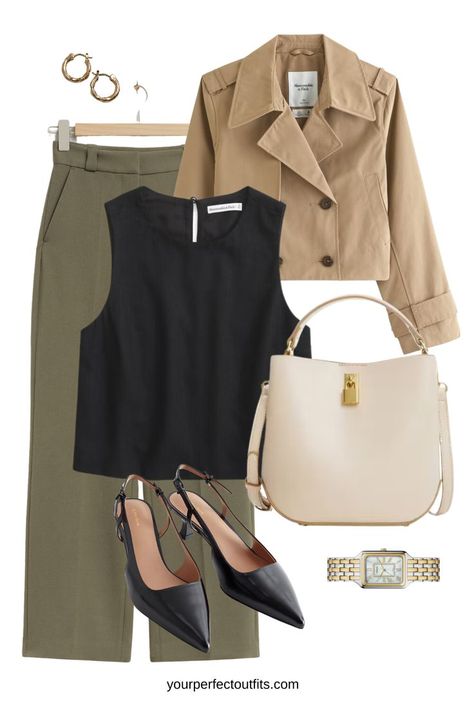 Khaki trousers style, spring outfits, workwear look Revamp Wardrobe, Casual Classy Outfits, Khakis Outfit, Casual Work Wear, Khaki Trousers, Spring Capsule, Spring Capsule Wardrobe, Capsule Outfits, Chic And Elegant