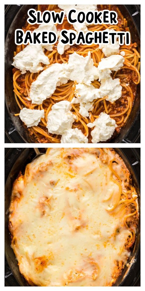 This Slow Cooker Baked Spaghetti has a slow-simmered beef sauce layered with pasta with a cream cheese layer, and a mozzarella layer. It's often called Million Dollar Spaghetti, whatever you choose to call it, it's delicious. - The Magical Slow Cooker Spaghetti Crockpot Recipes, Crockpot Baked Spaghetti, Spaghetti Million Dollar, Spaghetti Crockpot, Slow Cooker Pasta Recipes, Crockpot Spaghetti, Crockpot Pasta Recipes, Baked Spaghetti Recipe, Million Dollar Spaghetti