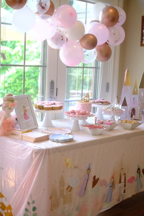 Small Princess Party Ideas, 2nd Princess Birthday, Indoor Princess Party, Simple Princess Birthday Decorations, Four Year Old Princess Party, Generic Princess Birthday Party, Classic Princess Birthday Party, 4 Year Princess Birthday Party, Simple Princess Party Decorations