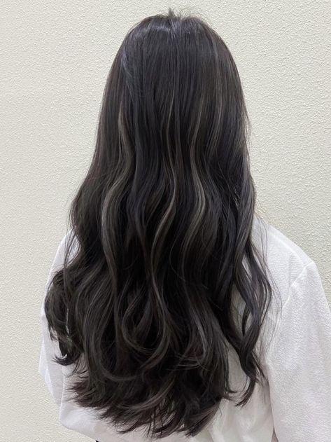 Thick Highlights On Black Hair, Asian Hair Streaks, Best Dyes For Black Hair, Subtle Black Hair Highlights, Light Streaks In Black Hair, Black With Light Highlights, Korean Hair Highlights Black, Black Hair And Highlights Ideas, Black Hair Died Ideas