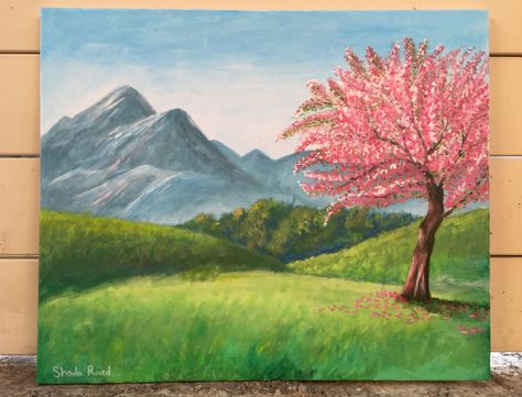 #painting #cherry #blossom #tree #pink #nature #peace #colorful #drawing #mountains #grass #cherryblossom #sakura Sakura Tree Drawing, Painting Cherry Blossom Tree, Tree Painting Easy, Drawing Mountains, Pink Blossom Tree, Pink Grass, Tree Drawings Pencil, Colorful Drawing, Nature Peace