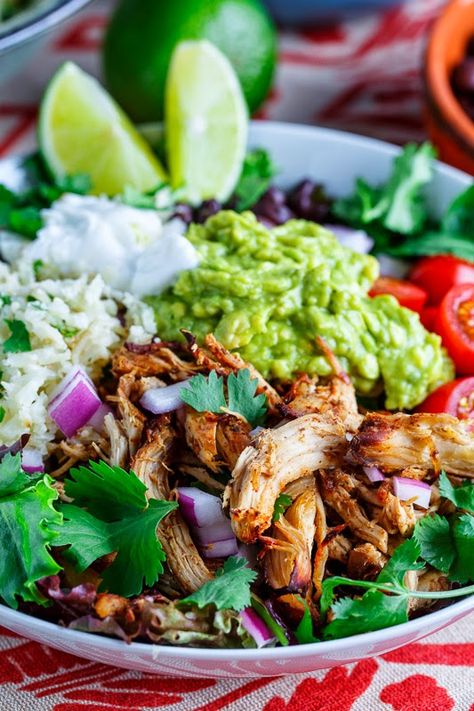 Chicken Carnitas Burrito Bowl with Cilantro Lime Cauliflower Rice | Closet Cooking Carnitas Burrito Bowl, Chicken Carnitas, Carnitas Burrito, Lime Cauliflower Rice, Cilantro Lime Cauliflower Rice, Cauliflower Rice Recipes, Cranberry Salad, Burrito Bowl, Cilantro Lime