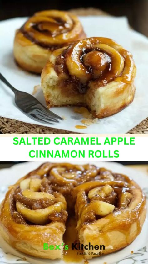 Salted Caramel Apple Cinnamon Rolls – Bex’s Kitchen Fresh Apple Cinnamon Rolls, Salted Caramel Cinnamon Rolls, Easy Apple Cinnamon Rolls, Caramel Cinnamon Rolls, Caramel Apple Cinnamon Rolls, Caramel Rolls, Salted Carmel, Sweet Apples, Apple Cinnamon Rolls